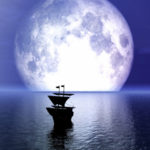 ship sailing into the full moon on the horizon
